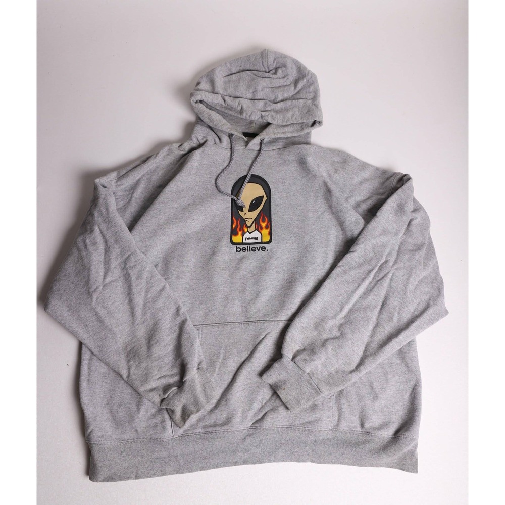 Thrasher Believe Alien Flame Graphic Hoodie Gray XL Skateboard Sweatshirt
